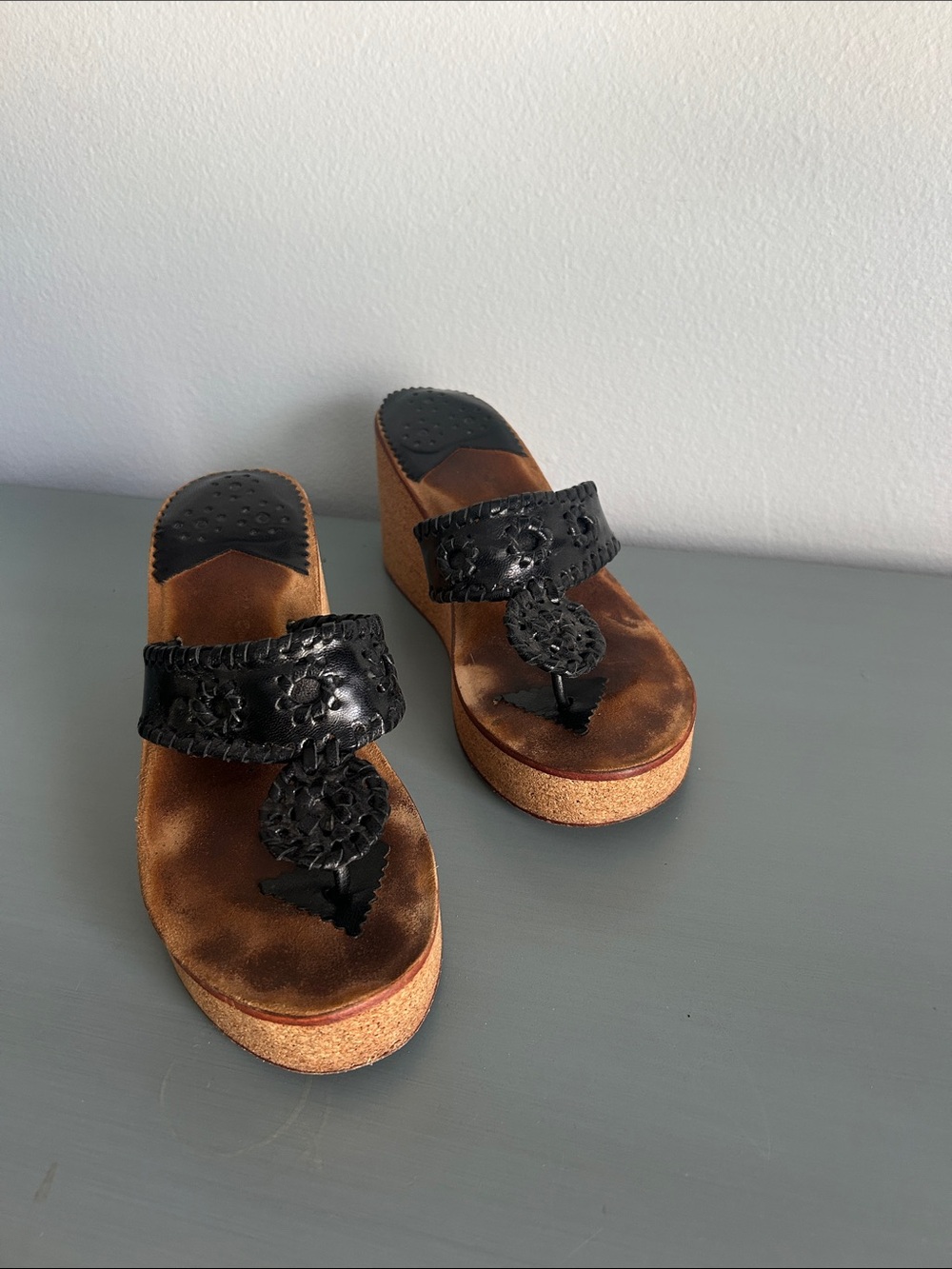 Palm Beach Sandals Black Leather Platform Thong Mules